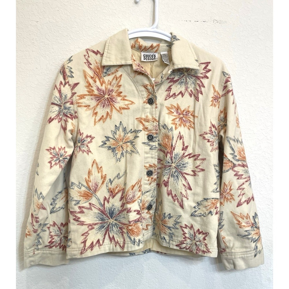 Chico's Design Jacket 0 Blazer Embroidered Multi Color Floral Small 4-6 Office‎